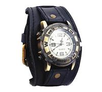 MINILUJIA Reloj de pulsera hecho a mano para hombre, estilo vintage, punk, hip-hop, gótico, suave, ancho, de cuero, moderno, para mujer, esfera redonda de bronce, cuarzo, Negro -, Vintage Punk Hip-hop