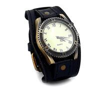 MINILUJIA Reloj de Pulsera para Hombre, Estilo Vintage, Retro, Punk, con Esfera de Bronce, Correa Ancha de Piel auténtica, de Cuarzo, para Halloween, Men's Standard