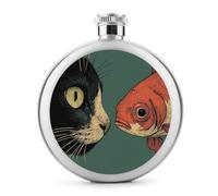 Minimal Cat Head Silhouette and Fish - Petaca de acero inoxidable para licor, botella de vino portátil de bolsillo redondo para bebida, 5 onzas