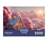 Minimalist Pink House on The Clouds 1000 Piezas Papel Ecológico Rompecabezas Cloud-Top Fairy Cottage Liberador De Estrés Juego Familiar Puzzle para Niños Pequeños 52x38cm/1000pcs