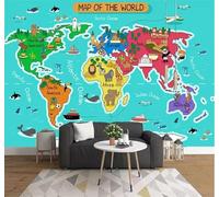 Minimalista Dibujado A Mano Dibujos Animados Animales Mapa Del Mundo 3D Papel Pintado Pared Fácil Instalación Oficina Sala Estar Sofá Dormitorio TV Fondos Decoración-250cm×170cm