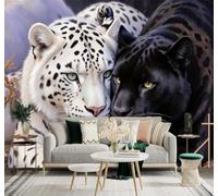 Minimalista Tridimensional Animales Leopardo Blanco Leopardo Negro Abrazados Con Fuerza 3D Papel Pintado Tapiz Textura de Seda Oficina Comedor Sofá Dormitorio Sala Estar TV Fondo Pantalla-350cm×256cm