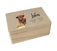 minimutz Caja de recuerdos de madera - Personalizado con nombre - Caja de almacenamiento con impresión UV para recuerdos de la infancia del bebé - Animales de safari con diseño de ganado peludo L (40
