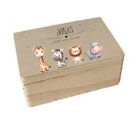 minimutz Caja de recuerdos de madera - Personalizado con nombre - Caja de almacenamiento con impresión UV para recuerdos de la infancia del bebé - Lindos y coloridos animales motivos Safari L (40 x 30
