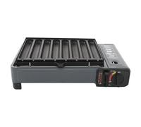 Miniparrilla de gas azul de 2,2 kW para botella de gas butano de 220 g, llama ajustable con protección contra sobrepresión, parrilla de mesa con bandeja de grasa y placa para salchichas para camping