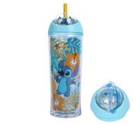 MINISO Stitch Botella de agua con pajita para niños, botella de agua de Disney, 385 ml, sin BPA, botella de plástico Lilo and Stitch, botella a prueba de fugas para guardería, escuela