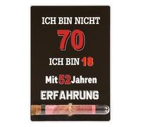 MINISONA Tarjeta de cumpleaños de madera para hombres, divertida tarjeta de regalo con tubo de ensayo en negro, idea de regalo creativa con texto en alemán "No 70, sino 18 con 52 años de experiencia