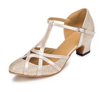 MINITOO Zapatos de baile de salón sintéticos con correa en T y puntera cerrada para mujer, para baile de salón de noche, boda, Tacón Th101 Champagne de 5 cm, 41.5 EU