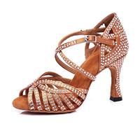 MINITOO Zapatos de baile latinos de salsa para mujer con cristales, L380 Brown 9 cm Tacón, 39 EU