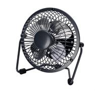 Miniventilador USB orientable de metal 2.5W, 5V, tamaño 14.8x14.2x7.6 cm, ideal para espacios pequeños y uso en oficinas o viajes.