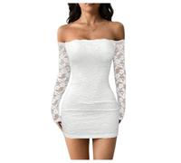 Minivestido ajustado de encaje con hombros descubiertos, manga larga, vestido para salir, blanco, XXL