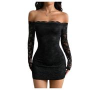 Minivestido ajustado de encaje con hombros descubiertos, manga larga, vestido para salir, Negro, XL