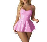 Minivestido de mujer con aspecto de látex, aspecto lacado, sexy, corto, plisado, tirantes delgados, de charol, elegante, línea A, vestido de fiesta, lencería, cosplay, club nocturno, carnaval, Rosa
