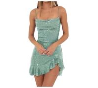 Minivestido de mujer de verano con lentejuelas, espalda descubierta, línea de ruffle, vestido de cami, sin mangas, brillante, fiesta, club, vestido de fiesta, vestido de fiesta, brillante, lentejuelas