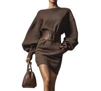 Minivestido de punto gofre para mujer, casual, de gran tamaño, manga farol, cintura alta, vestido ajustado con cinturón, marrón, L