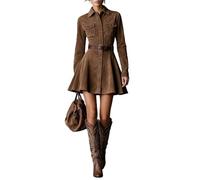 Minivestido divertido de gamuza con solapa de un solo botonadura, vestido de manga larga, ajuste frontal con botones, ajuste a medida, ropa de noche para fiesta, marrón, L