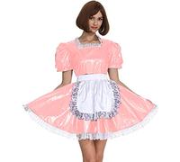 Minivestido para mujer, con ribete de encaje, vestido plisado de manga corta, de PVC brillante, rosa de raíz de loto, talla M
