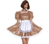 Minivestido para mujer, con ribete de encaje, vestido plisado de PVC brillante, manga corta, color marrón claro, talla 6XL