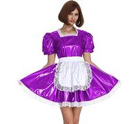 Minivestido para mujer, con ribete de encaje, vestido plisado de PVC brillante, manga corta, color morado rosa, talla XXL