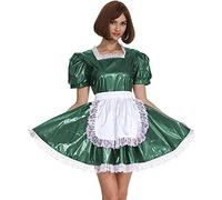 Minivestido para mujer, con ribete de encaje, vestido plisado de PVC brillante, manga corta, color verde oscuro, talla 6XL
