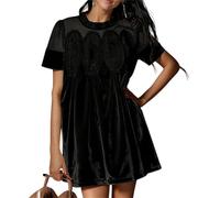 Minivestido plisado de encaje de terciopelo para mujer, de malla, con retazos, acampanado, estilo babydoll, Negro, XL