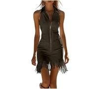 Minivestido sexy con flecos para mujer, sin mangas, con solapa, cremallera, ajuste delgado, con borlas, vestidos de fiesta, trajes de moda para salir, café, XXL