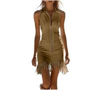 Minivestido sexy con flecos para mujer, sin mangas, con solapa, cremallera, ajuste delgado, con borlas, vestidos de fiesta, trajes de moda para salir, marrón, M