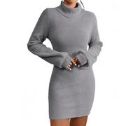 Minivestido tipo suéter de cuello alto para mujer, manga farol, entallado, sin botones, elástico, ajustado, gris, M