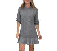 Minivestido tipo suéter de punto trenzado con cuello redondo para mujer, falda plisada de manga larga sustancial, vestido de retazos de estilo casual, gris, XXL