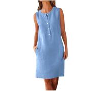 Minivestidos de lino para mujer, casual, verano, playa, sin mangas, con botones, casual, sin mangas, con bolsillos, para vacaciones 2025, azul celeste, M