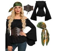 minkasic Disfraz de pirata medieval para mujer, 4CPS, disfraz de pirata con blusa medieval, corsé de pirata, pañuelo para la cabeza, medias de red (negro, L)