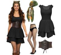 minkasic Disfraz de pirata medieval para mujer con vestido medieval, corsé de pirata, pañuelo para la cabeza, medias de red, disfraz para Halloween, carnaval, cosplay (negro, M)