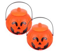 minkissy 2 Piezas Cubo de Calabaza Naranja con Tapa y Asa para Halloween Ligero y Resistente de Plástico Pp, Adecuado Fiestas y Decoración Festiva