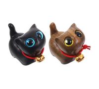 minkissy Escultura de Gato Miniatura de Madera de Sándalo con Campana Metálica, 2 Piezas (sándalo Verde con Ojos Amarillos Negro con Ojos Azules), Adorno Decorativo para