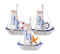 minkissy Modelo Náutico Mediterráneo de Madera Maciza, Decoración Vintage 3 Piezas Barco de Vela, Estrella de Mar y Salvavidas, Adorno Compacto para Hogar, Oficina y Sala de Estar