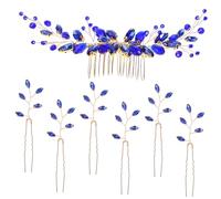 minkissy Set de 7 Horquillas para Boda Cristales de Imitación en Forma de Hoja y U, Accesorios Pelo Azul Fáciles de Usar para Novias y Acompañantes