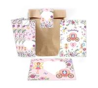 Minkocards 12 tarjetas de invitación para 5º cumpleaños infantil, diseño de hadas, princesa, invitación para quinto cumpleaños de niña, incluye 12 sobres, 12 bolsas de fiesta/natural, 12 pegatinas