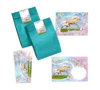 Minkocards 12 tarjetas de invitación para el 7º cumpleaños infantil de niña caballo con potro invitación para el séptimo cumpleaños, incluye 12 sobres, 12 bolsas de fiesta/petróleo, 12 pegatinas, 12