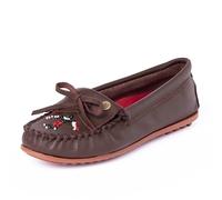 Minnetonka Thunderbird "Animikii" - Mocasines para mujer con una silueta clásica de mocasín de cuero, plantilla acolchada y diseño de mocasín con cuentas, Marrón oscuro, 41 EU