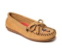 Minnetonka Thunderbird "Animikii" - Mocasines para mujer con una silueta clásica de mocasín de cuero, plantilla acolchada y diseño de mocasín con cuentas, Topo, 9.5