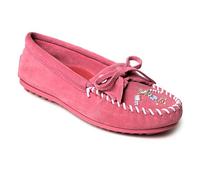 Minnetonka Thunderbird "Animikii" - Mocasines para mujer con una silueta clásica de mocasín de cuero, plantilla acolchada y diseño de mocasín con cuentas, Rosa, 8.5
