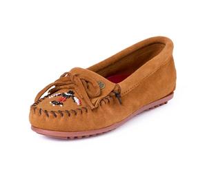 Minnetonka Thunderbird "Animikii" - Mocasines para mujer con una silueta clásica de mocasín de cuero, plantilla acolchada y diseño de mocasín con cuentas, Marrón, 40.5 EU