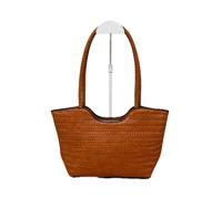 MINNI MOON Bolso Capazo Trenzado de hombro Camel, Negro y Marrón chocolate 40x24x12 cm, Polipiel, con Cremallera y Correa Larga (Camel)