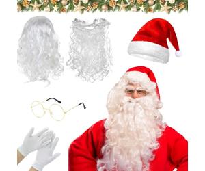 Mino Plus Juego de pelucas y barba de Santa,Peluca y Gorro y Barba Papa Noel Adulto,Gafas,guantes,Perfectos para Fiestas de Cosplay Navideñas (B)