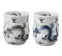 Mino Ware Juego de 2 tazas de té japonés de Sushi Yunomi de 9,47 Onces Auténtico Dragón Rojo y Azul para Té Verde Caliente Matcha Té Bancha