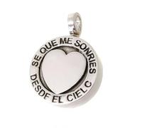 Minoplata Colgante Porta Cenizas de Plata de Ley 925, Forma Redonda con Corazón, Mensaje Grabado 'Se que me sonries desde el cielo', 17 mm
