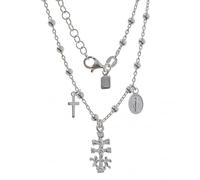 Minoplata Gargantilla de Plata de Ley 925 con Virgen Milagrosa, Cruz de Caravaca y San Benito, Cadena de Bolitas 41 cm