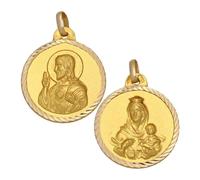 Minoplata Medalla Escapulario Virgen del Carmen y Sagrado Corazón de Jesús, Plata de Ley 925 Bañada en Oro, Doble Cara con Borde Tallado, 22mm