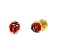 Minoplata Pendientes Infantiles Mariquita Plata 925 Chapada Oro | Esmalte Rojo y Negro, Cierre de Rosca, Hipoalergénico, 5mm, Bebés y Niñas
