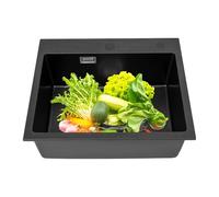 MINRS Fregadero de cocina de 45 x 55 cm, color negro, empotrable con cesta de drenaje y tubo bajante, fregadero empotrable rectangular, 1 lavabo sin orificio para grifo, color negro, para interiores y